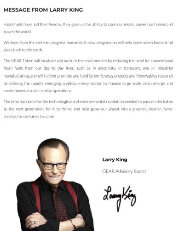 Political Talk Show Host Larry King Teams Up With GEAR Crypto Startup to Combat Climate Change